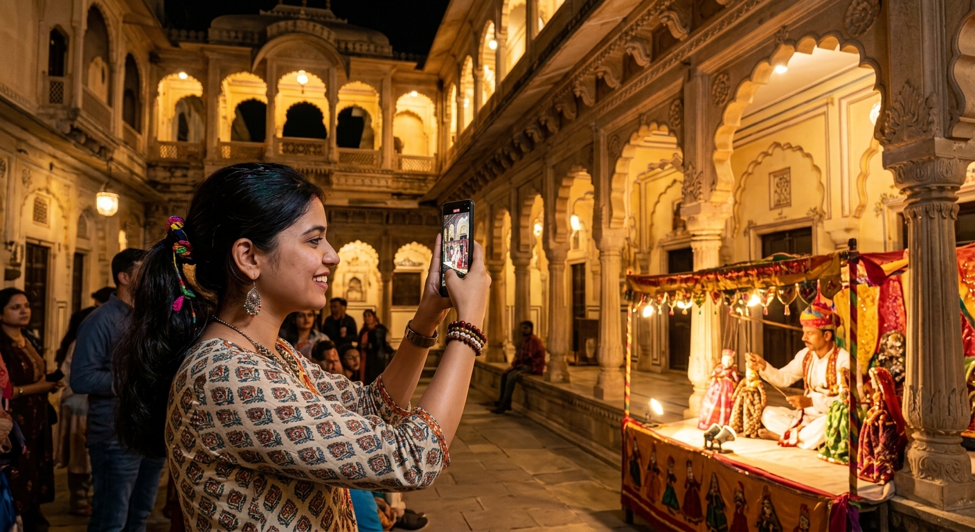 A content creator filming a kathputli puppet show at Bagore-ki-Haveli for Instagram Reels