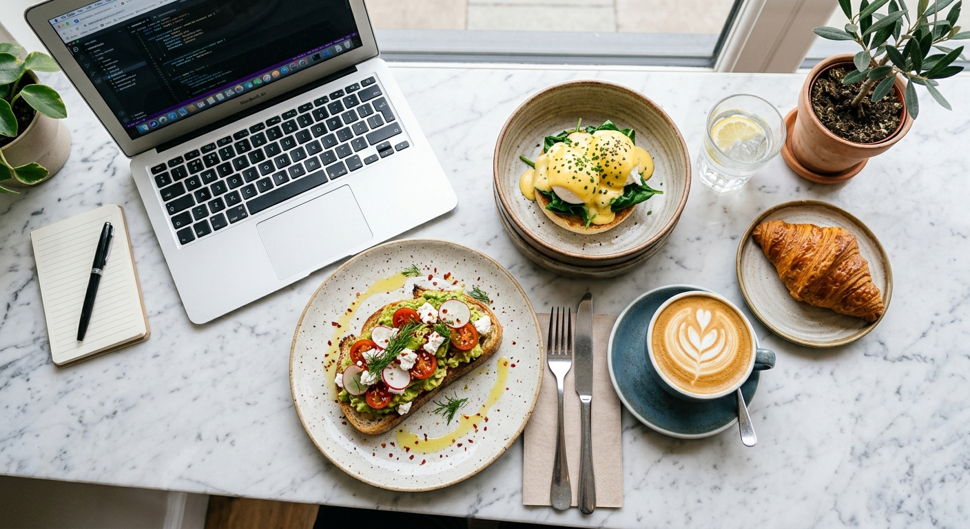 An all-day brunch spread with coffee and a laptop, representing the multi-moment menu of a hybrid Bandra cafe.