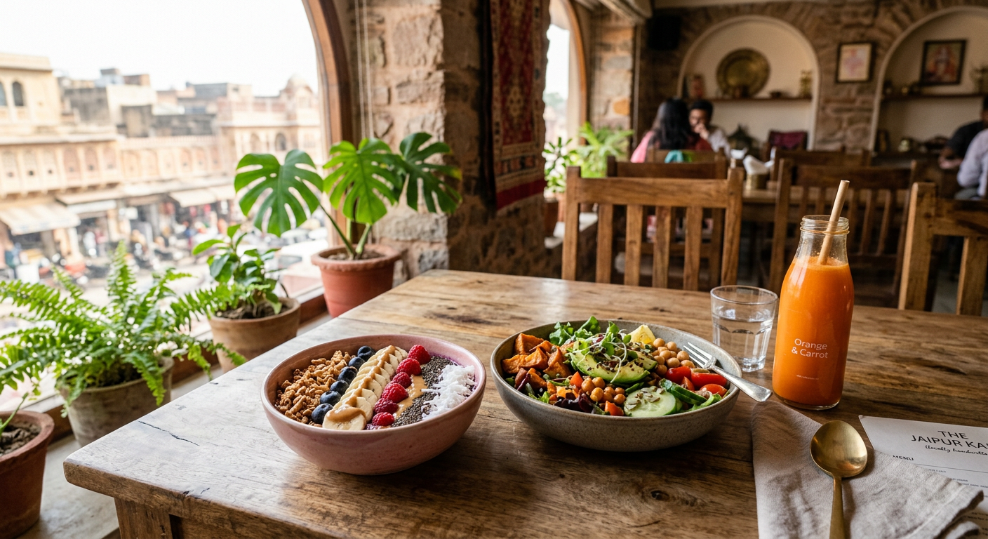 Healthy café meal with smoothie bowl and salad in Jaipur