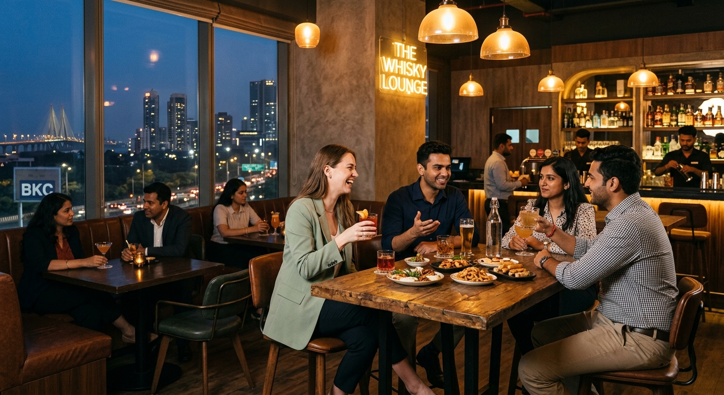 Professionals enjoying after-work drinks at a sophisticated BKC bar with city views