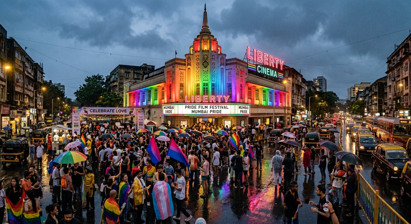 Liberty Cinema facade glowing with rainbow lights as a diverse crowd gathers for the KASHISH Pride Film Festival opening night under monsoon skies in Mumbai.