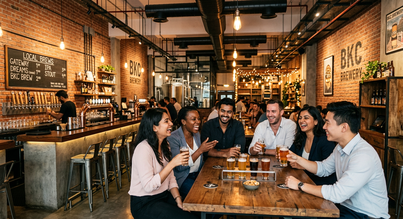 HyLo-style taproom in BKC with office groups enjoying craft beers after work