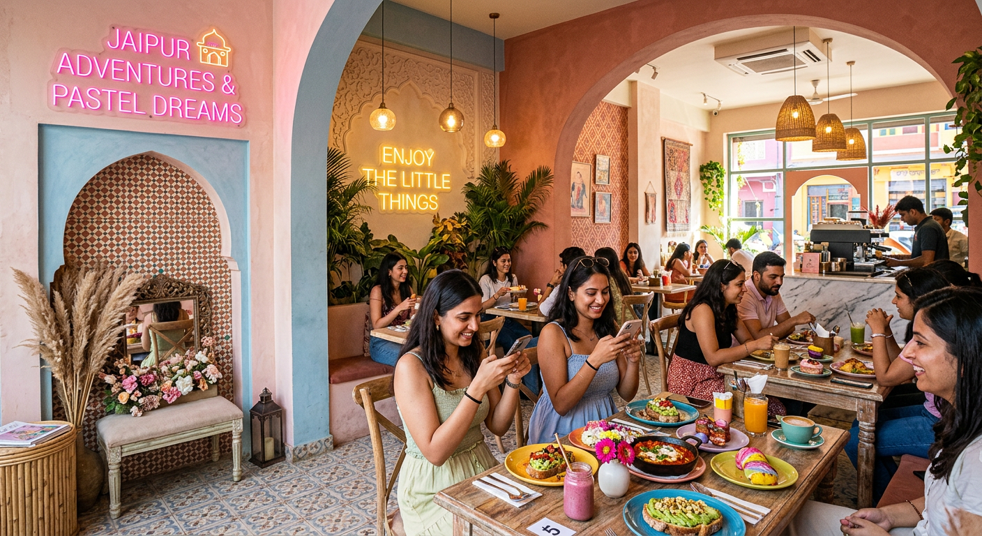 Photogenic interior of an aesthetic Instagrammable cafe in Jaipur with pastel decor and diners filming content.