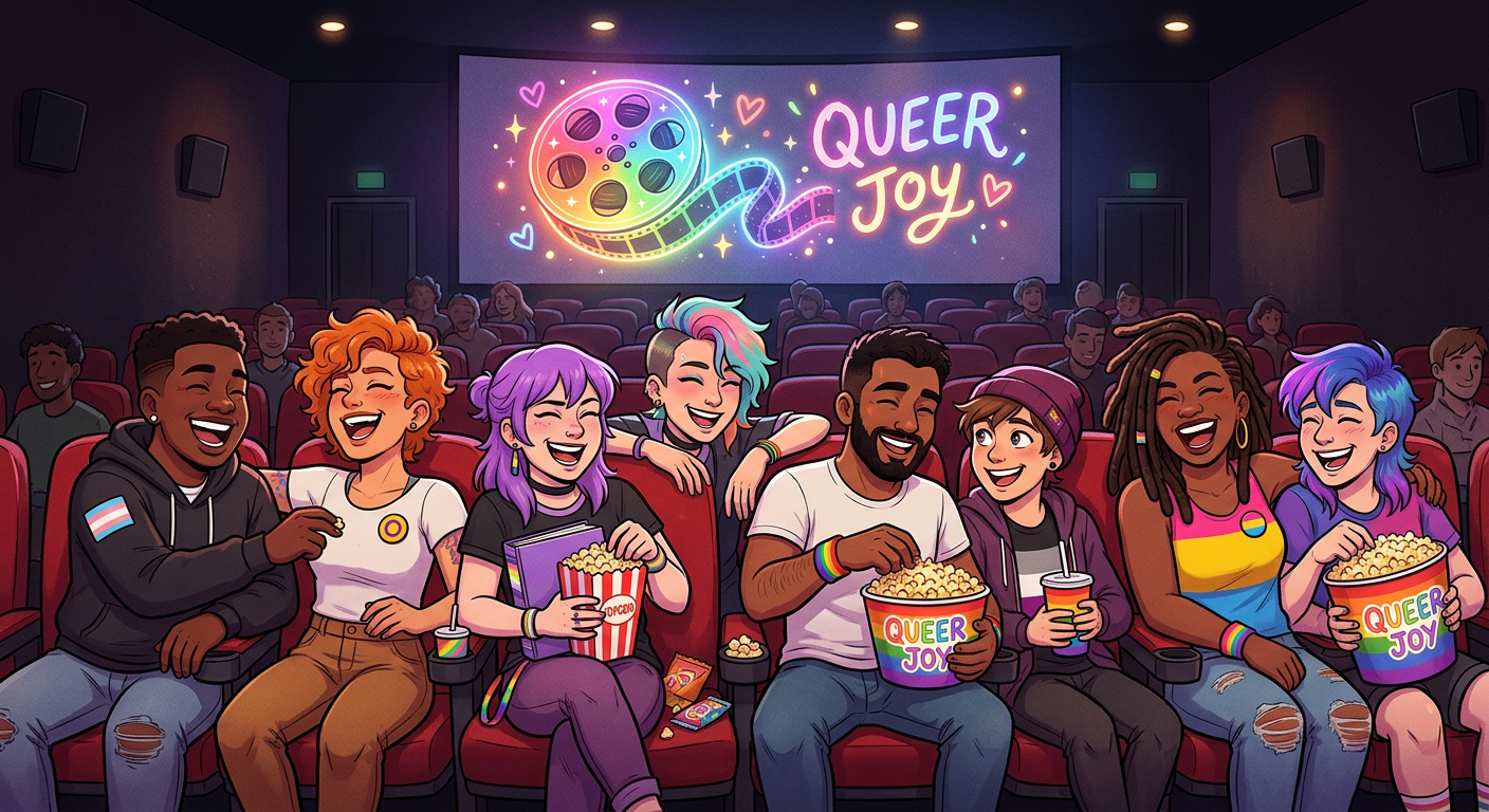 Illustration of diverse LGBTQIA+ characters sharing joy and popcorn in a cinema hall, with a rainbow film reel on screen, symbolizing community and queer storytelling.