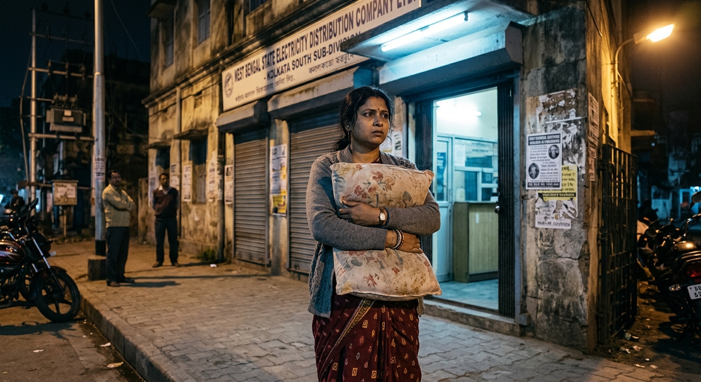A working woman holding a pillow outside a Navi Mumbai electricity office at night, symbolising the viral pillow protest against power cuts.