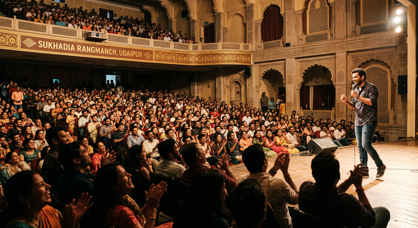 Zakir Khan performing Papa Yaar at full-capacity Sukhadia Rangmanch, Udaipur