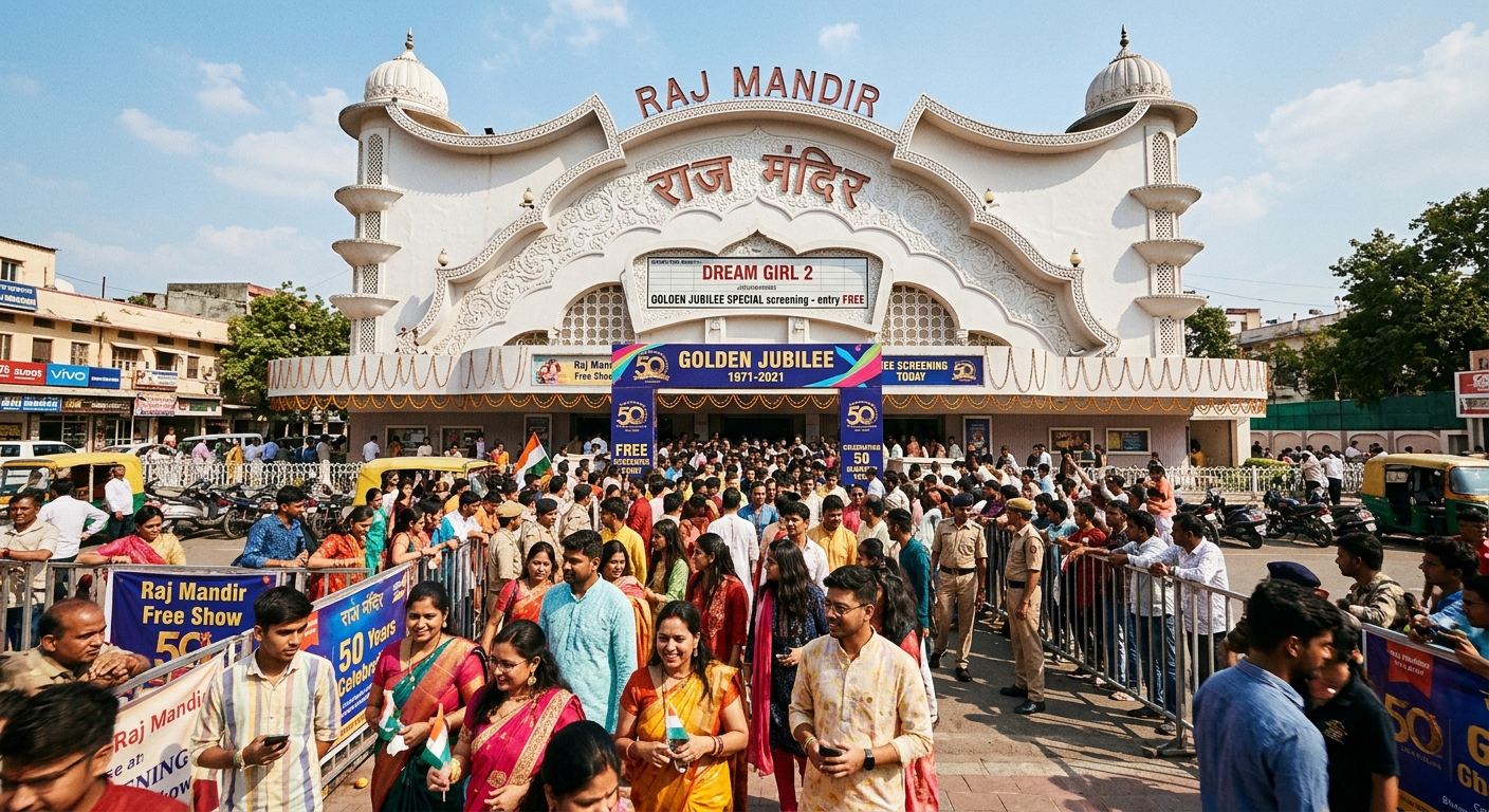Crowd outside Raj Mandir Cinema during 50th anniversary free screenings