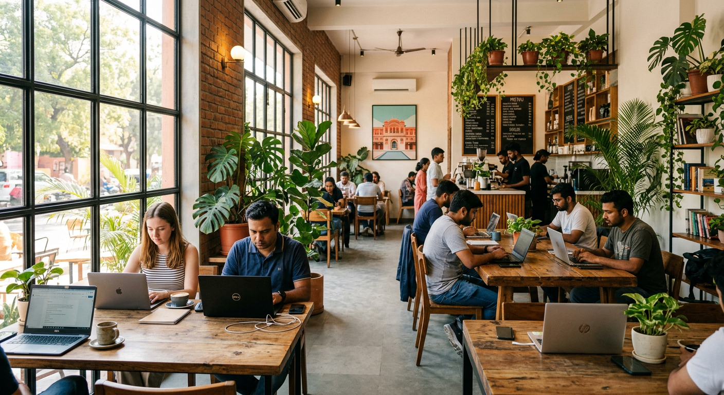 Remote workers using laptops in a Jaipur café with free Wi-Fi