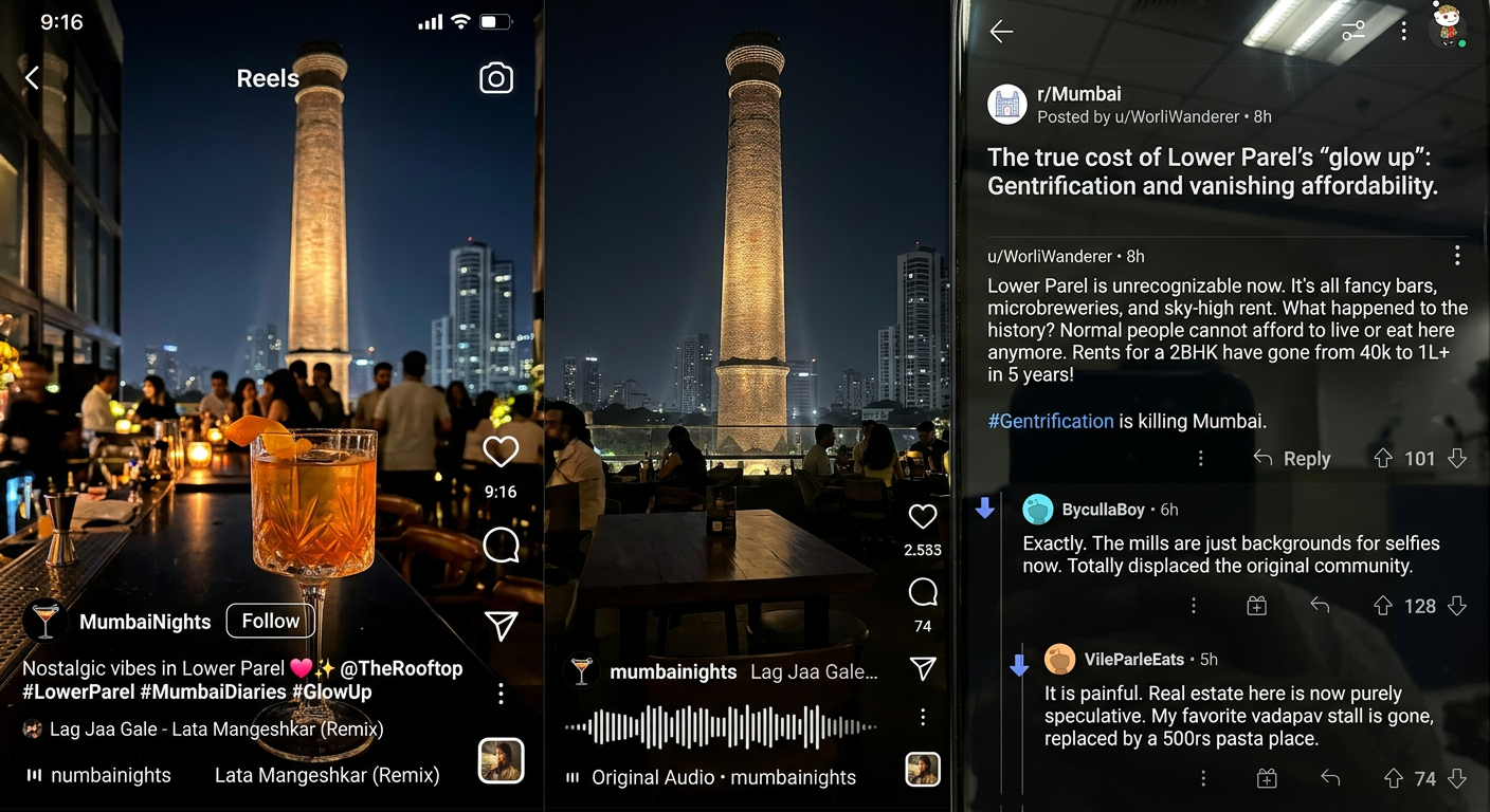 Split image: Instagram Reel aestheticizing a mill space versus a Reddit thread arguing about Mumbai's gentrification.