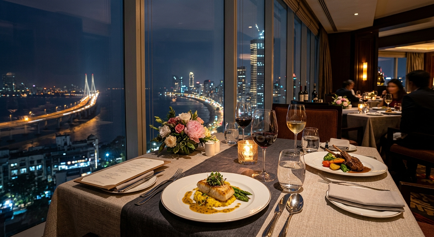 Business dinner with wine and Mumbai skyline