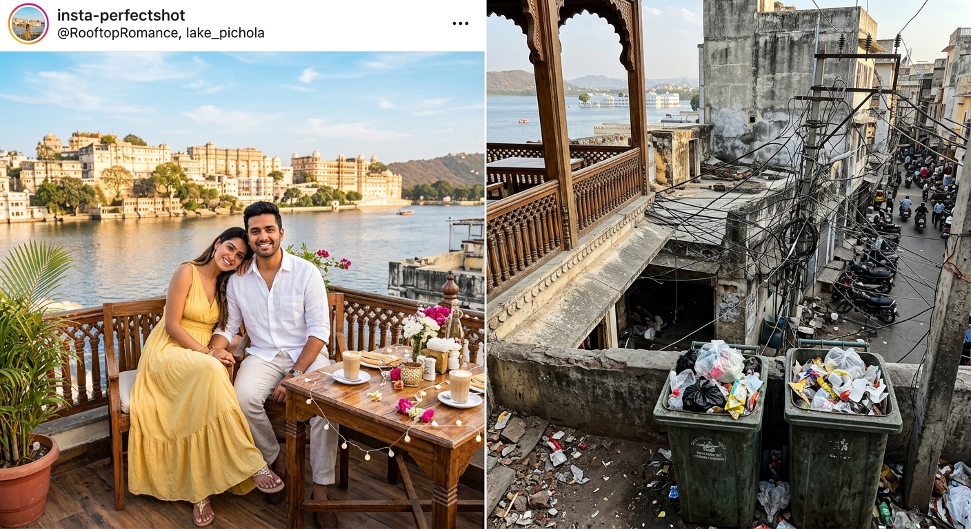 Contrast between an idealized Instagram photo of Udaipur and the less glamorous reality of waste and infrastructure.