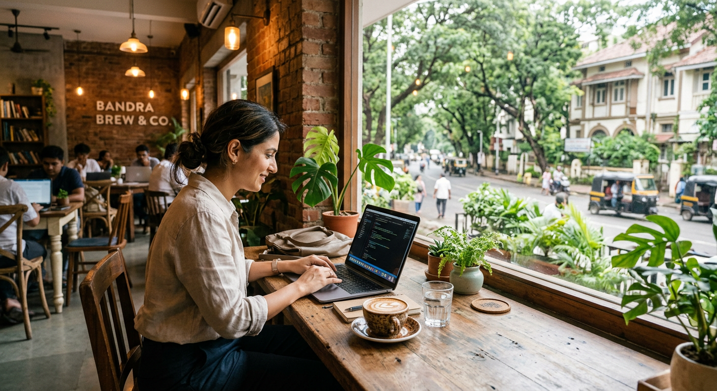 Founder working in a Bandra café with coffee and laptop
