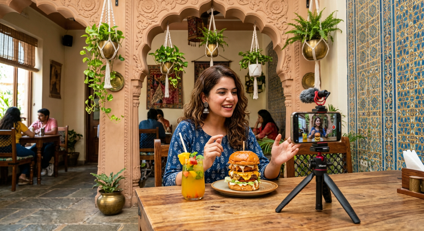 Jaipur food influencer creating a Reel in an aesthetic cafe