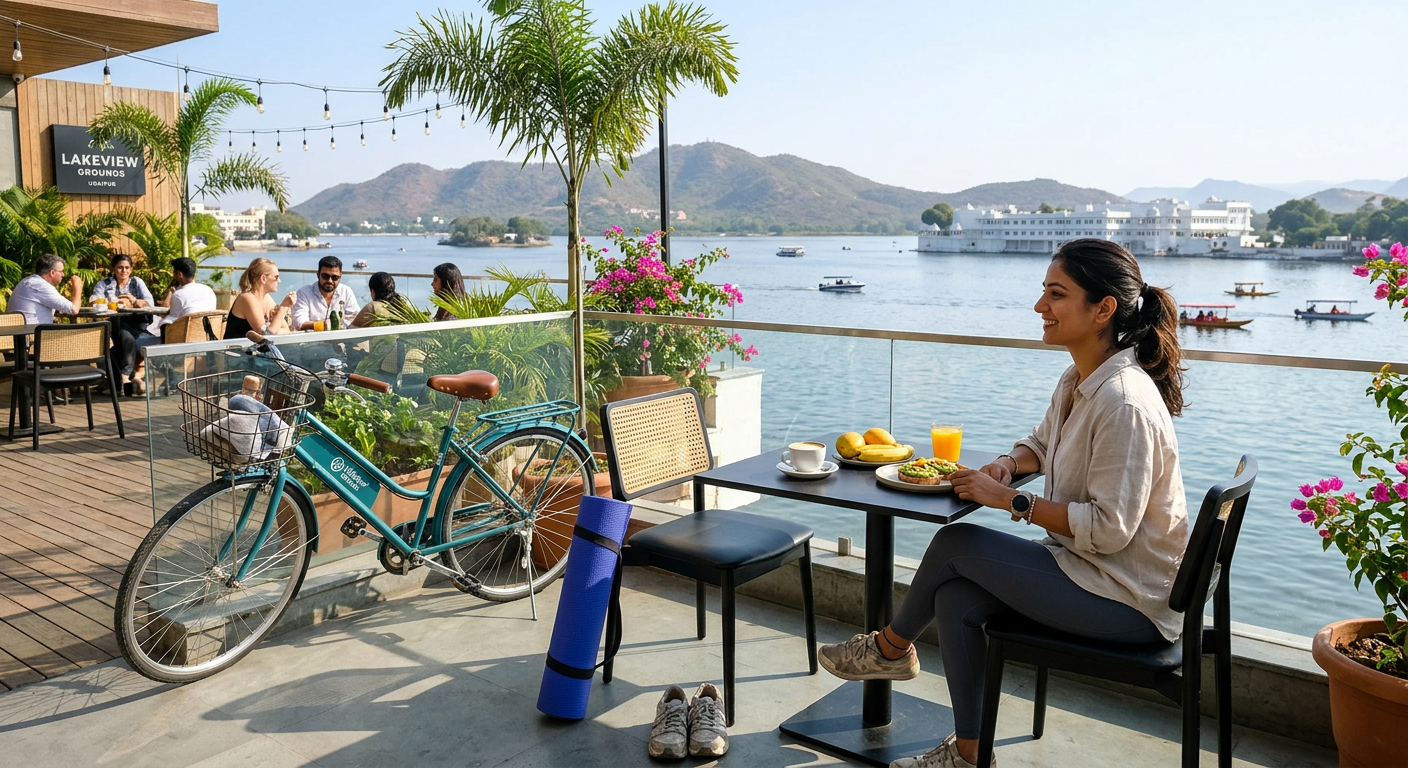 Post-workout coffee and breakfast on a lakeside café terrace near Panna Vilas overlooking Fateh Sagar Lake in Udaipur.