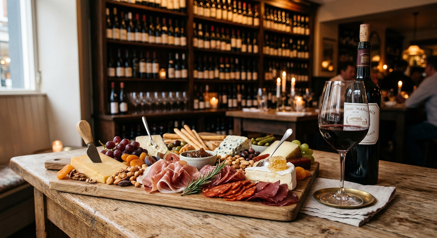 Charcuterie and cheese board with red wine at the Bev Bar in Foodstories Mumbai, with wine shelves in the background.