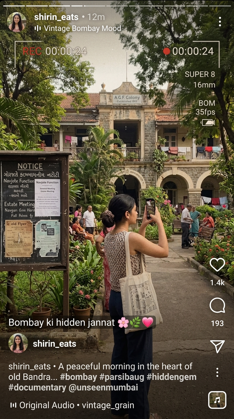 A creator filming a quiet Parsi baug on her phone, with vintage filter and Hinglish text overlay.