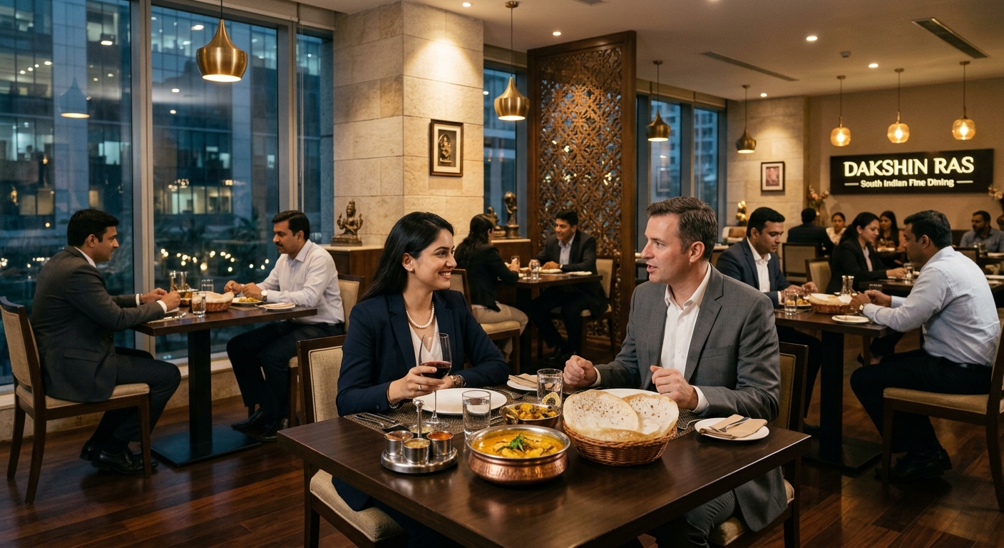 Corporate professionals having a power lunch at Dakshin Legacy in BKC with coastal South Indian dishes on the table.