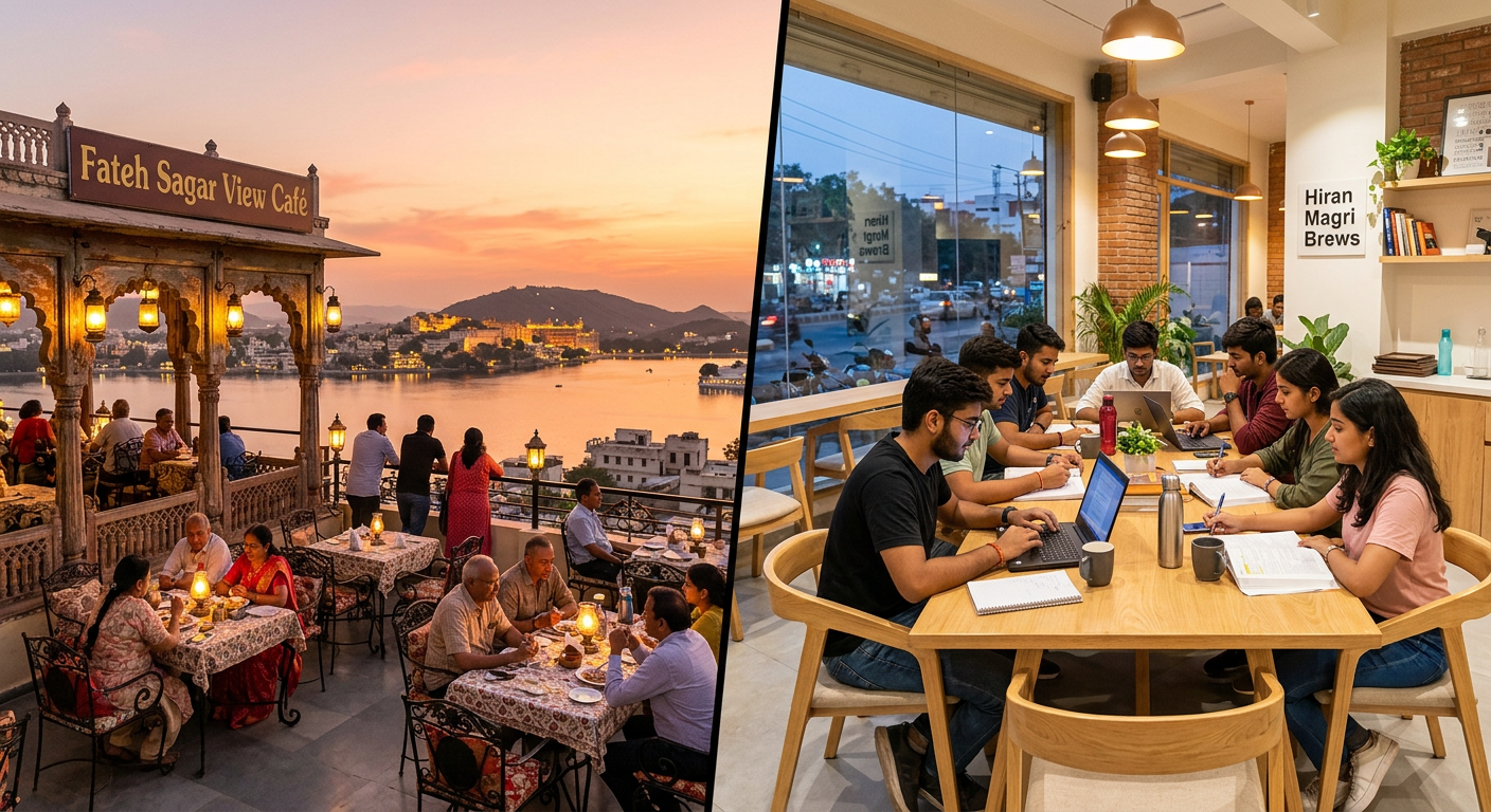 Contrast between a tourist rooftop café overlooking Fateh Sagar Lake and a modern neighborhood café in Hiran Magri