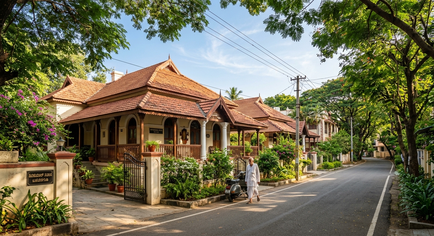 Old Basavanagudi street with heritage bungalows and trees