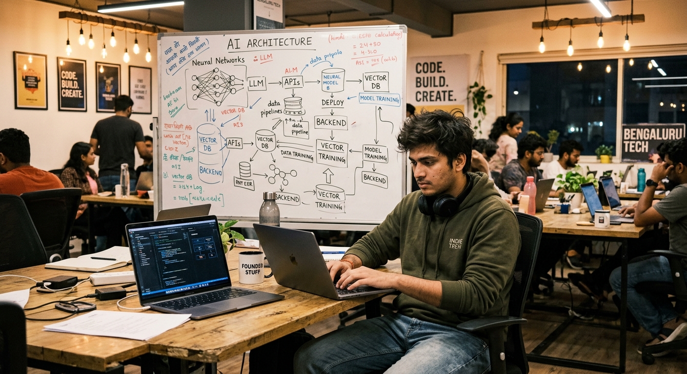 Young founder working in a Bengaluru coworking space with AI whiteboard sketches