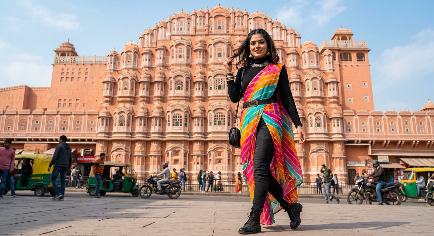 Heritage fashion influencer in lehariya saree at Hawa Mahal