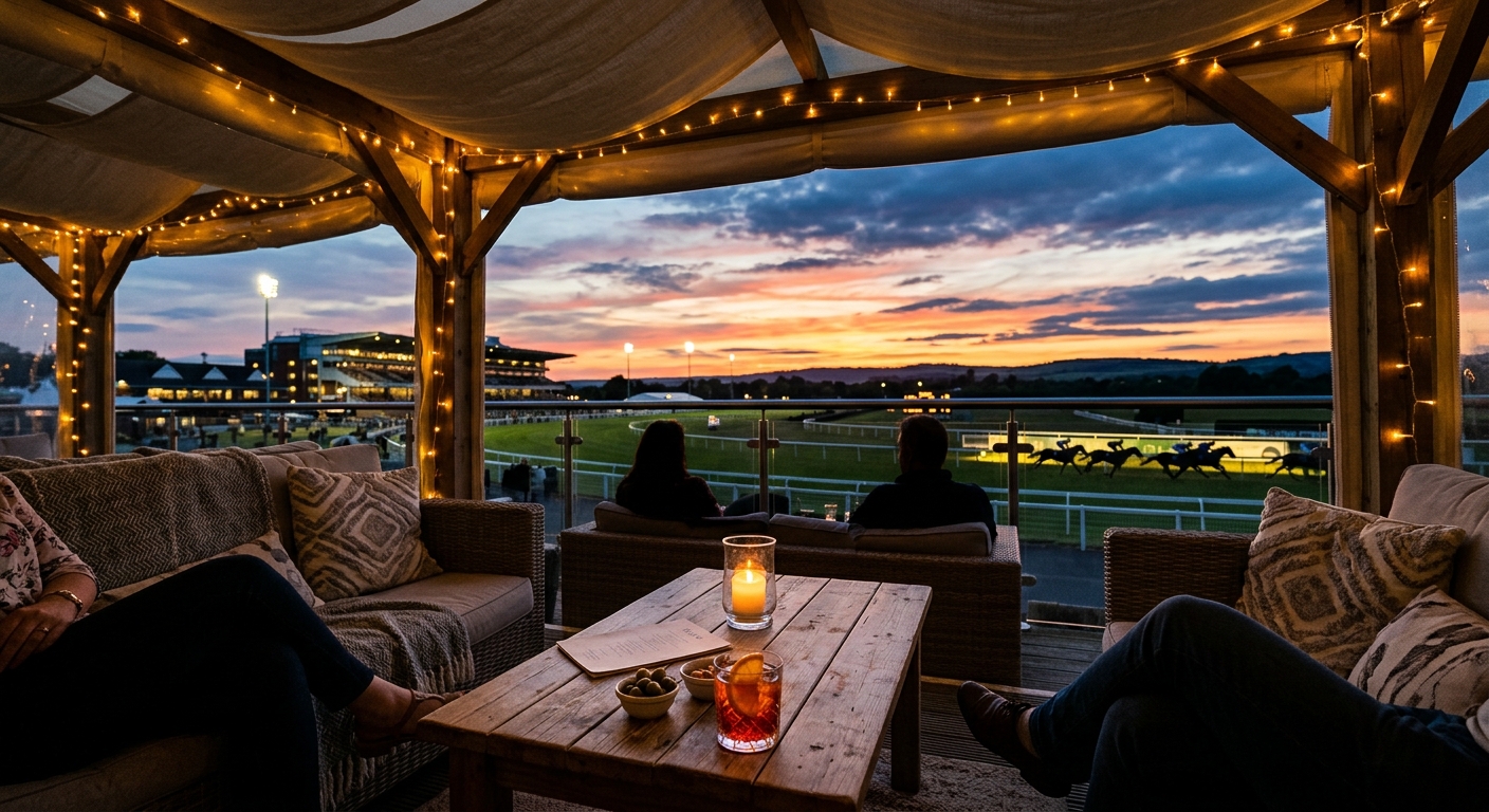 Sundowner cocktails at Gallops cabana with racecourse twilight view