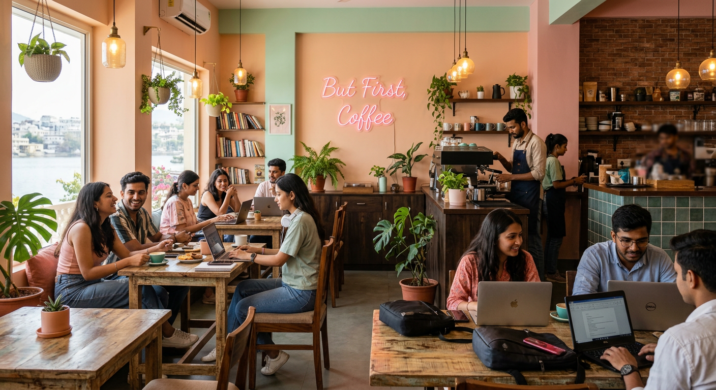 Cozy neighborhood café interior in Udaipur with neon sign and locals working on laptops