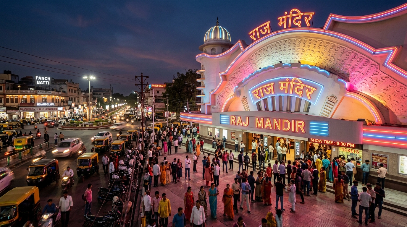 Exterior of Raj Mandir Cinema in Jaipur glowing at dusk with crowds gathered outside its iconic Art Deco facade.