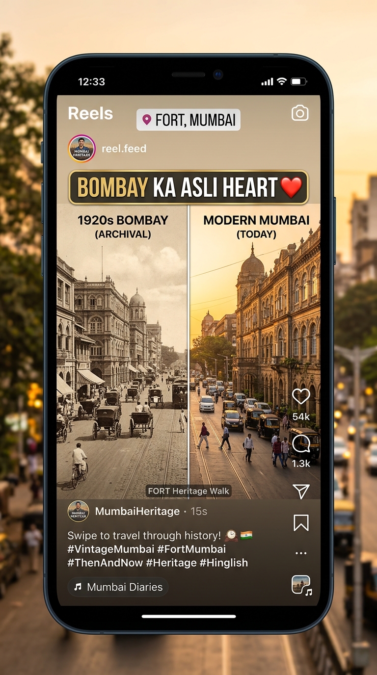 Split screen of a heritage building in Fort, Mumbai: vintage photo on left, contemporary photo on right, with Hinglish text overlay.