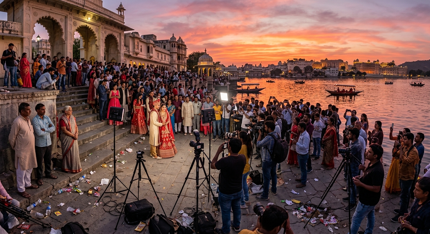 Crowded Gangaur Ghat at sunset with tourists and photographers, illustrating overtourism in Udaipur.