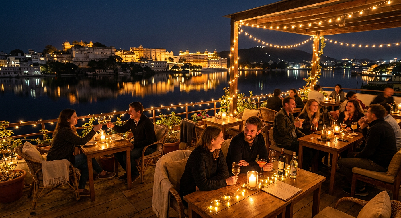 Rooftop café near Imli Ghat with view of Lake Pichola and fairy lights
