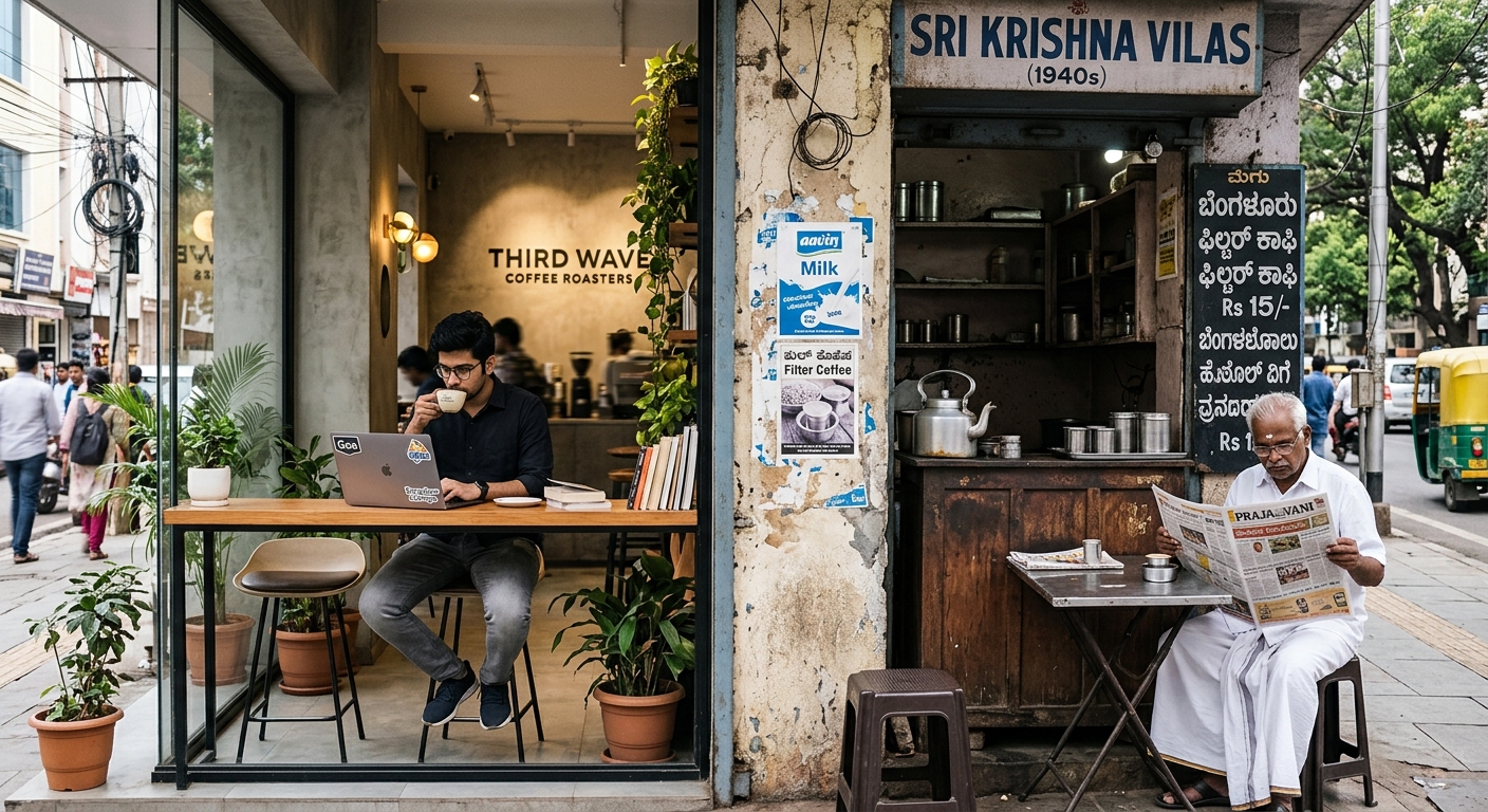 A modern co-working café sits directly next to a traditional filter coffee house in Bengaluru, illustrating the blending of old and new cultures.