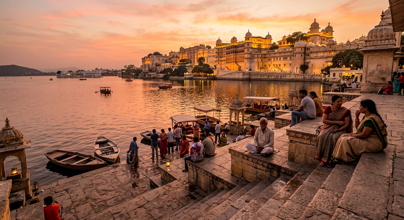 Sunset over Lake Pichola from Lal Ghat with City Palace in background
