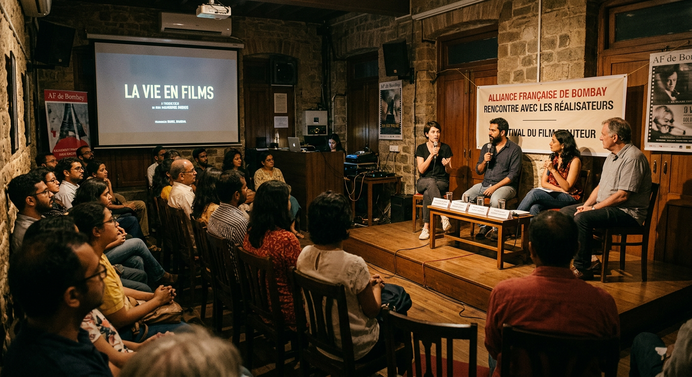 Intimate screening room at Alliance Française de Bombay with an audience engaged in a post-film discussion, capturing the arthouse, conversational atmosphere of the festival.