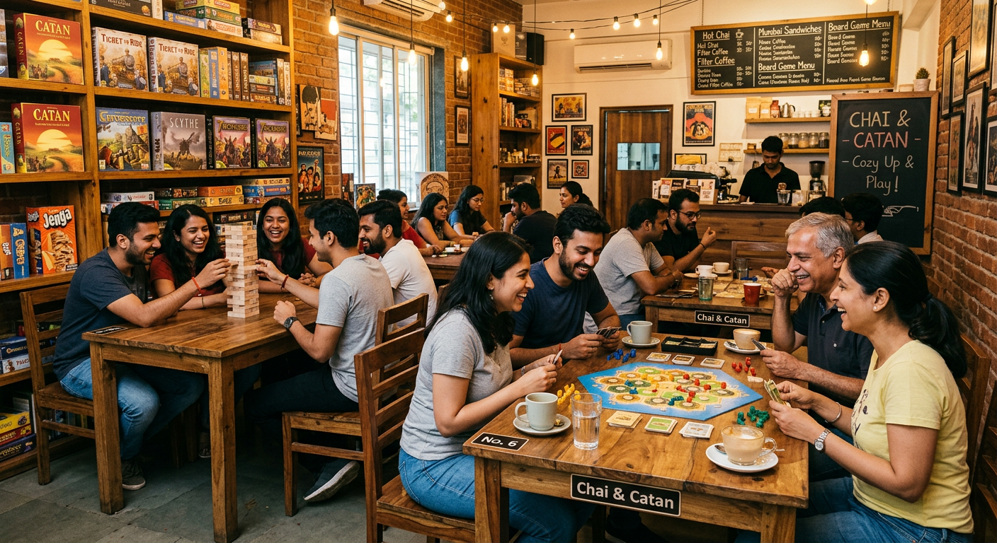 Friends playing board games at a cafe in Mumbai