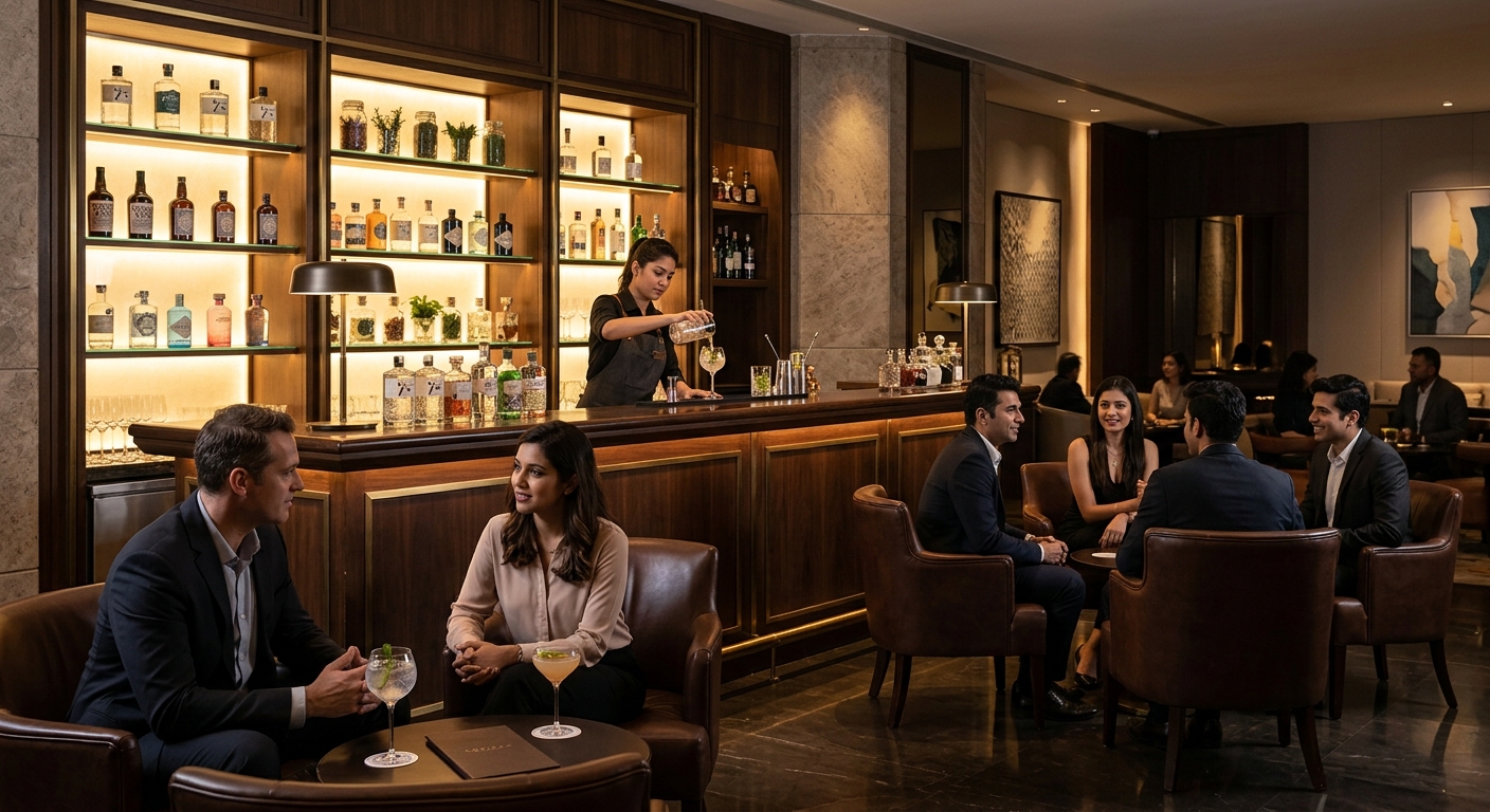 Jyran Gin Bar at Sofitel BKC with bartender making a gin cocktail, relaxed corporate guests