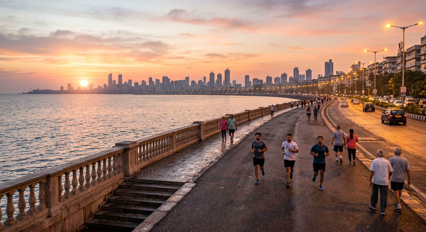 Marine Drive waterfront walk at sunrise, Mumbai