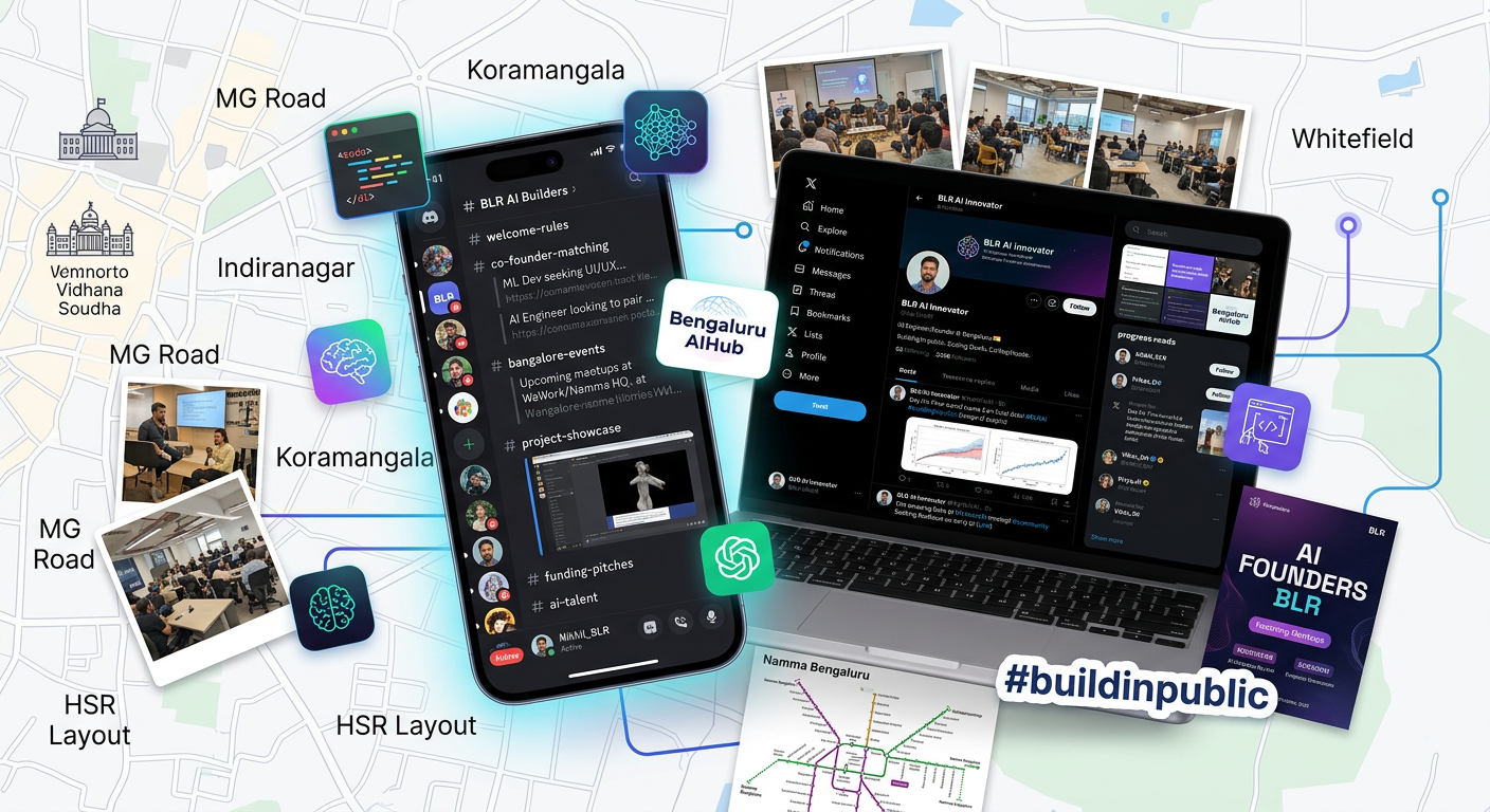 Smartphone and laptop screens showing Bengaluru AI Discord servers and build-in-public social media posts on X.