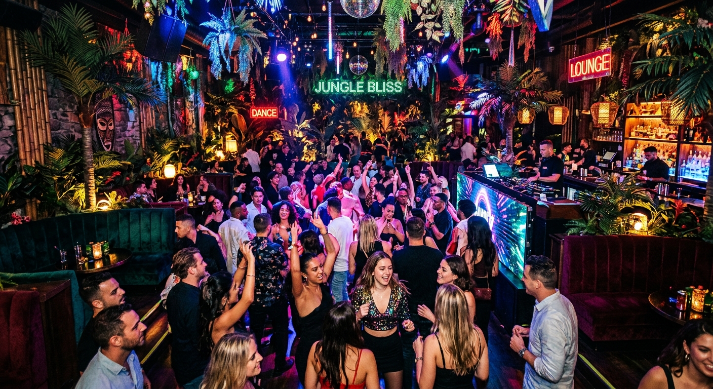 Jungle-inspired luxury interior of Macaw by Stories nightlife lounge in Hyderabad, with tropical décor, dramatic lighting, and a vibrant crowd.