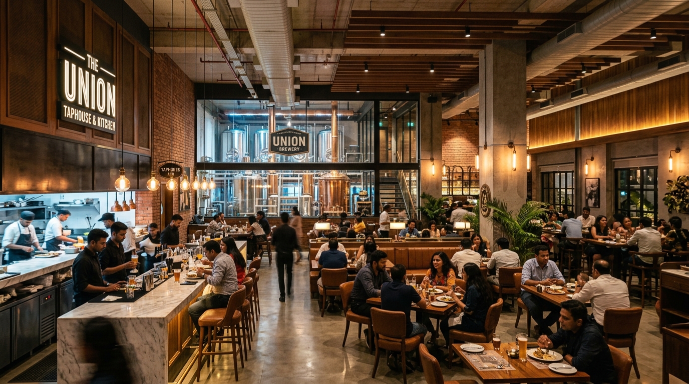 The multi-layered dining space at Windmills Craftworks Hyderabad, showing the transition between the global kitchen and regional dining concepts.