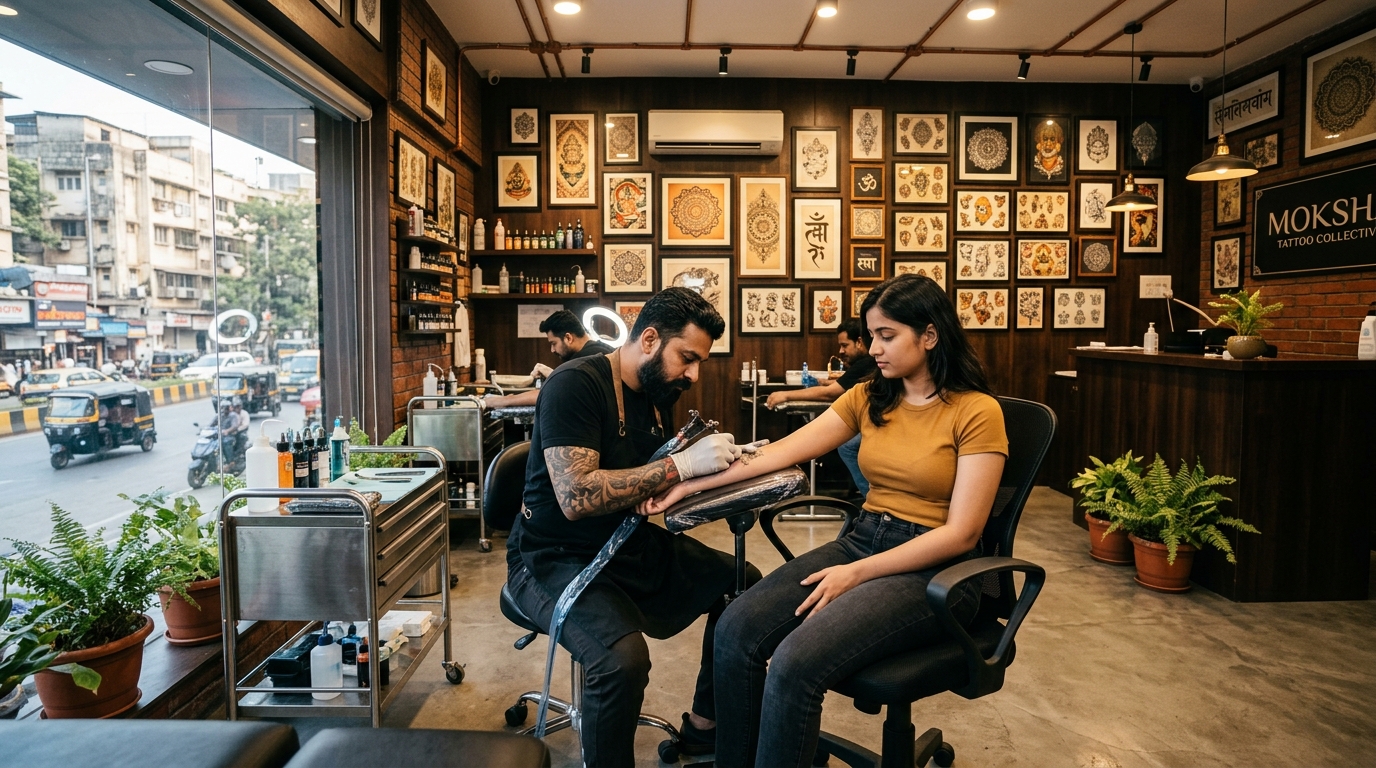 A contemporary tattoo studio in urban India with an artist working on a client's arm.