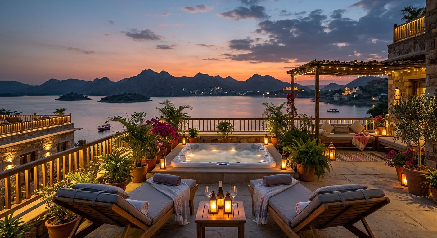 Rooftop jacuzzi garden with panoramic lake views at sunset