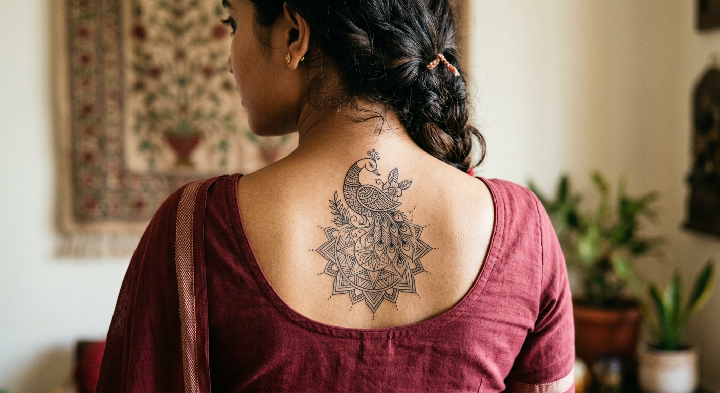 A close-up of a tattoo blending traditional Indian folk art with a modern minimalist style.