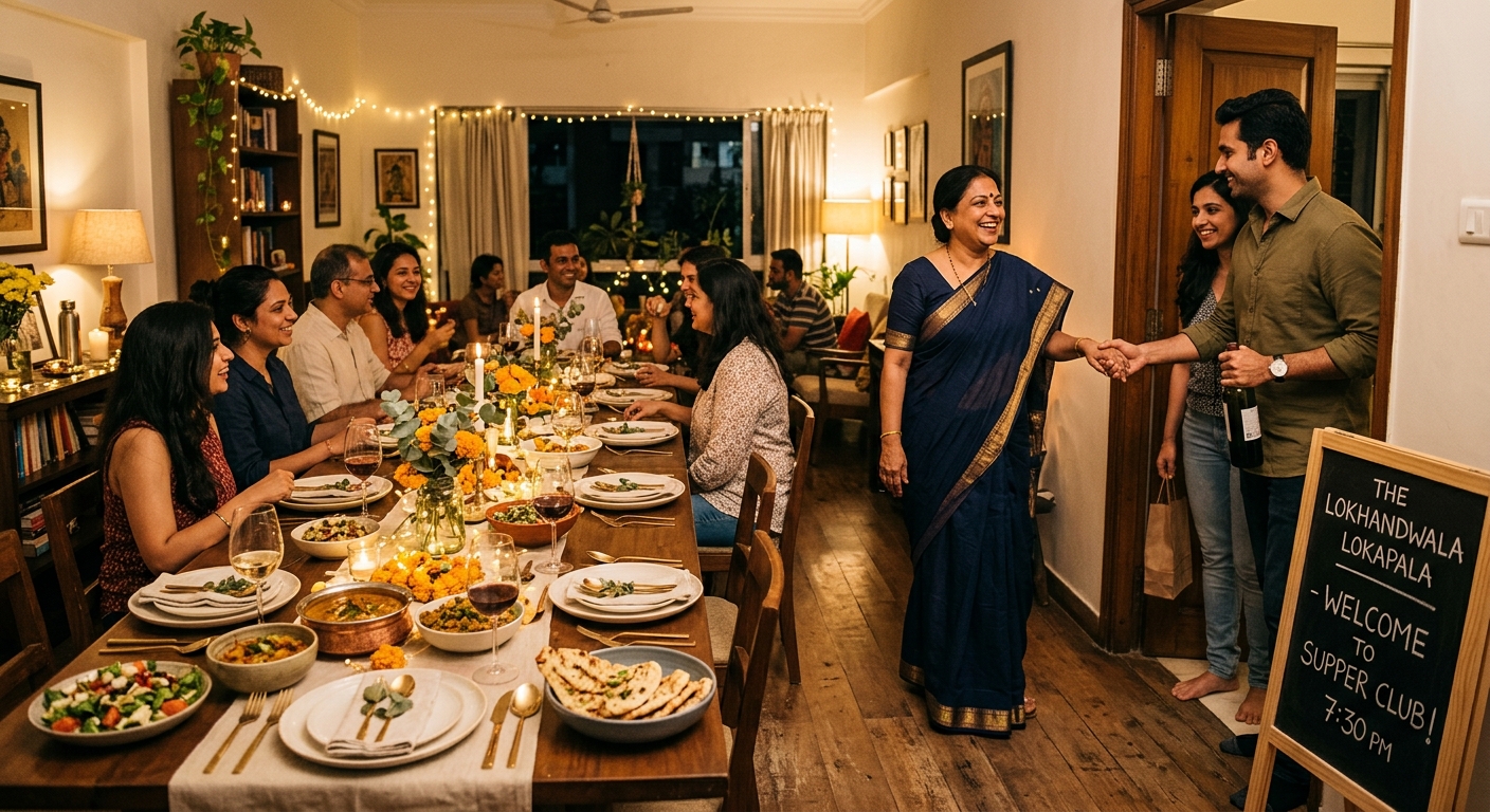 The Supper Club Mumbai in Lokhandwala, guests feeling at home at a communal dinner table.