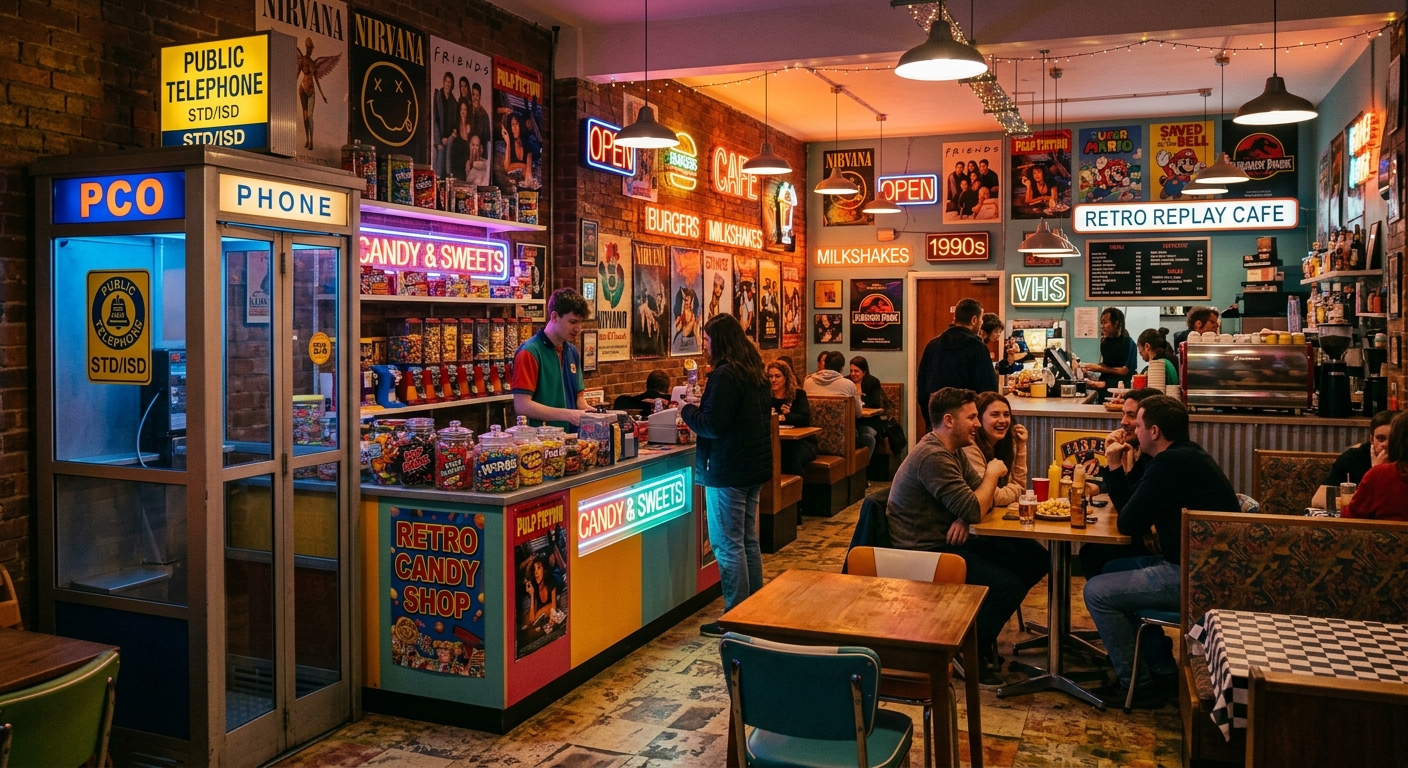 Interior of a 90s-themed vegetarian restaurant in Fort Mumbai with candy shop and PCO booth