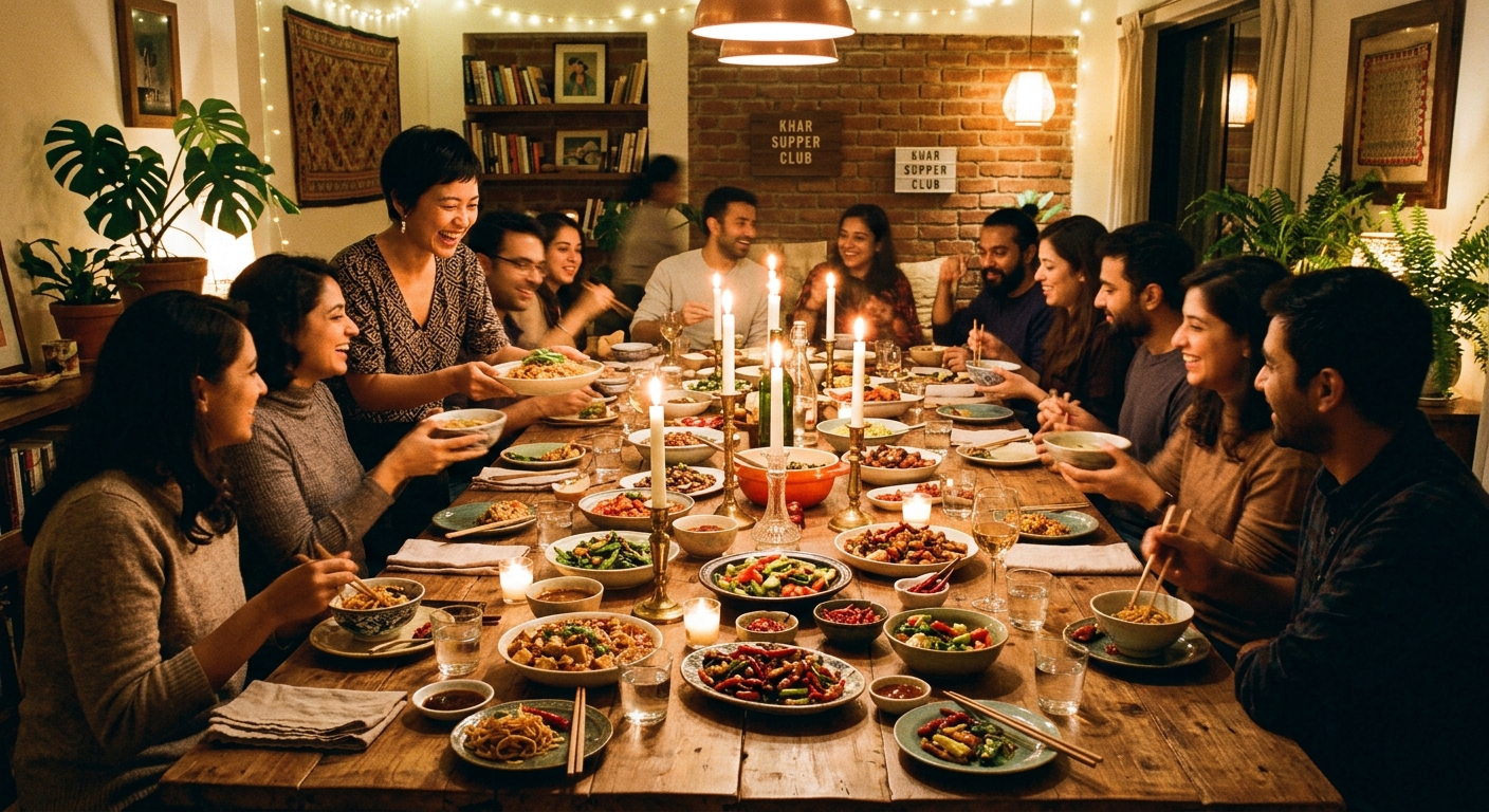 House of Málà supper club interior with communal dining table and Sichuan dishes in Khar, Mumbai.