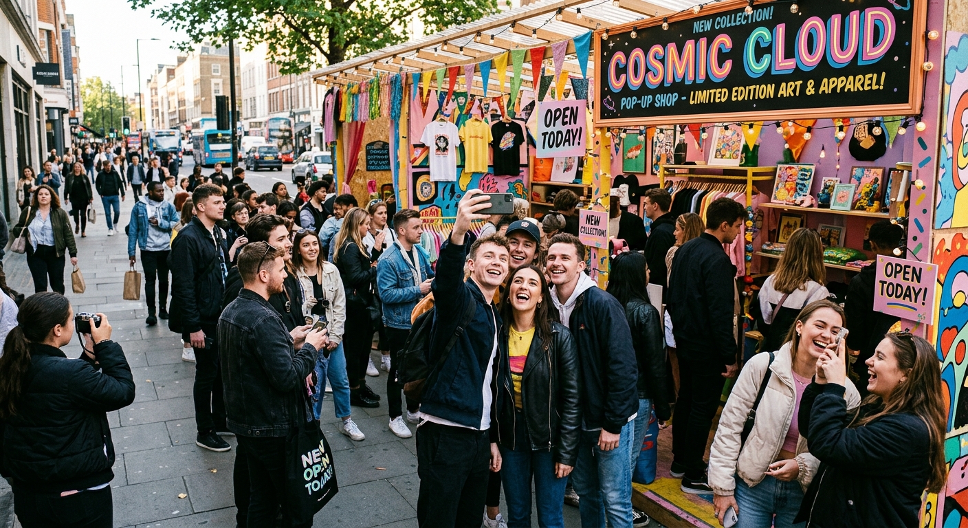 Shoppers outside a vibrant pop‑up store