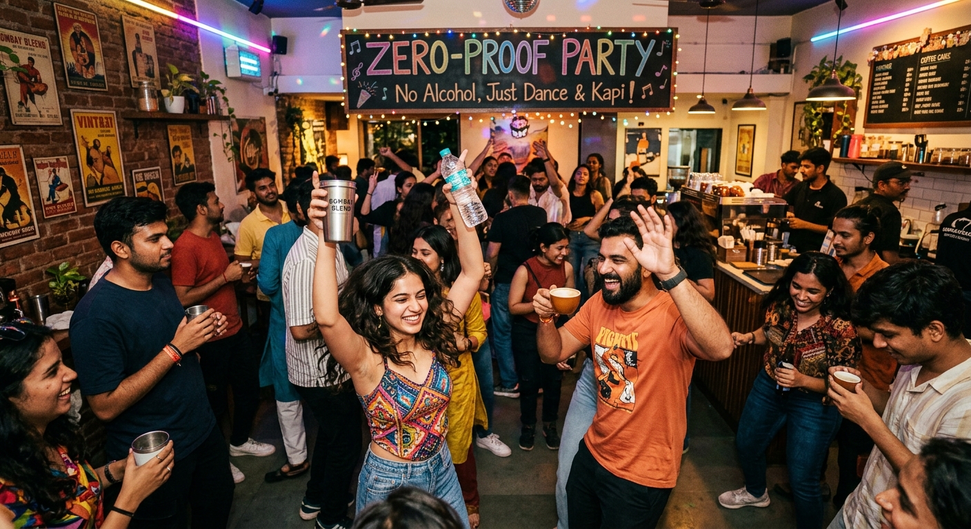 Young people dancing at a sober coffee rave in a bright Indian café, holding coffee cups and water bottles.