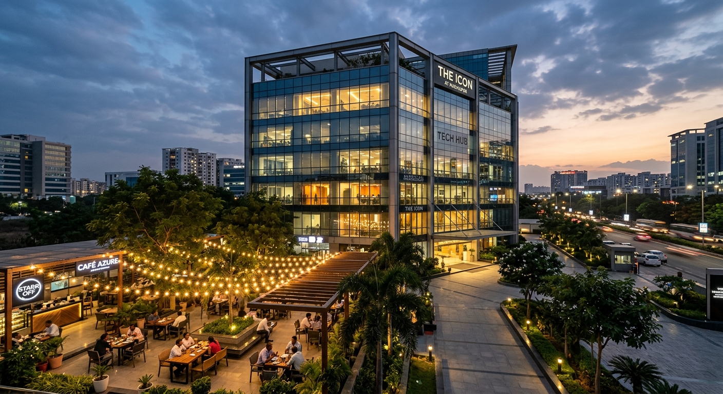 The exterior of Windmills Craftworks at Commerzone Raidurg in Knowledge City, Hyderabad, during a lively evening.