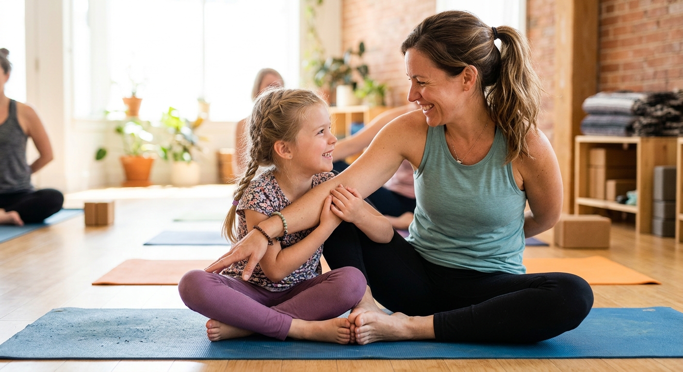 Parent and child in a partner yoga pose at a Li’l Yogis workshop, NMACC.